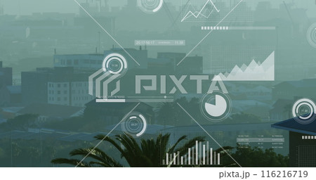 Image of financial data processing over cityscape 116216719