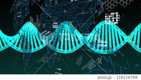 Image of spinning dna structure and world map against green gradient background Image of spinning dna structure and world map against green gradient background 116216799