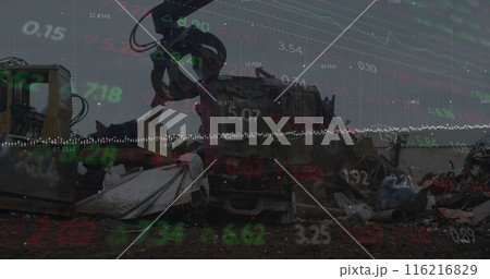 Image of stock market data processing against hydraulic lifting machine operating at junkyard Image of stock market data processing against hydraulic lifting machine operating at junkyard 116216829