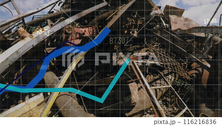 Image of stock market data processing against hydraulic lifting machine operating at junkyard 116216836