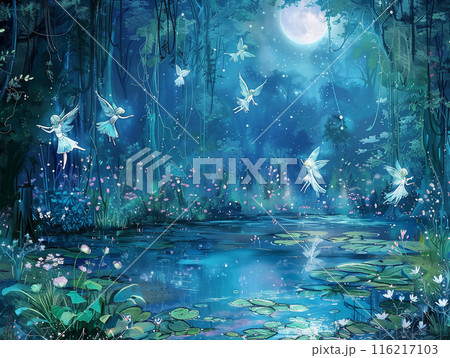 Magical forest scene with fairies dancing around a moonlit pond, surrounded by luminescent plants, Enchanting, Digital Painting, Cool Hues Magical forest scene with fairies dancing around a moonlit pond, surrounded by luminescent plants, Enchanting, Digital Painting, Cool Hues 116217103