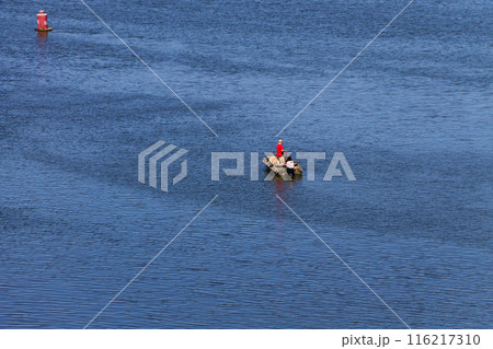 Boat with fishermen at the river Dnieper, Ukraine 116217310