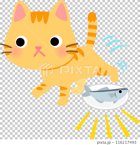 A cat stepping over a fish 116217493