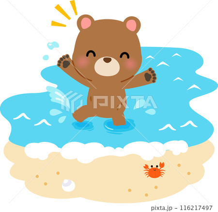 ビーチで海に入って遊ぶクマのキャラクター 116217497