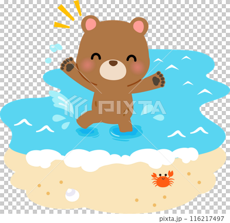 ビーチで海に入って遊ぶクマのキャラクター 116217497