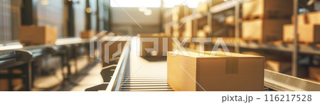 Cardboard boxes moving through a conveyor belt in a modern warehouse, representing automated logistics and packaging processes. Cardboard boxes moving through a conveyor belt in a modern warehouse, representing automated logistics and packaging processes. 116217528