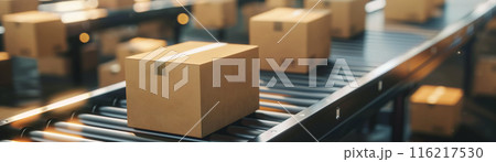 Cardboard boxes on a conveyor belt in a distribution warehouse, showcasing logistics and shipping operations in industrial settings. 116217530