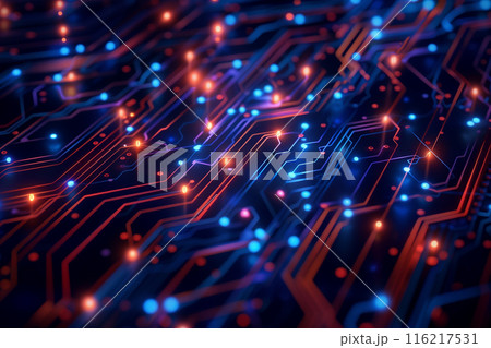 Close-up of a futuristic circuit board with glowing blue and orange lights, representing advanced technology and electronic innovation. 116217531