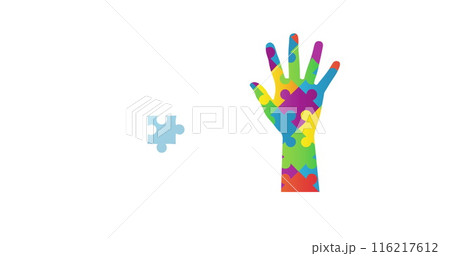 Image of Jigsaw puzzle forming a square and hand against white background 116217612
