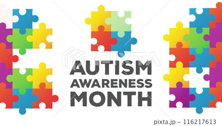 Image of Autism Awareness Month text and jigsaw puzzle forming a square against white background 116217613