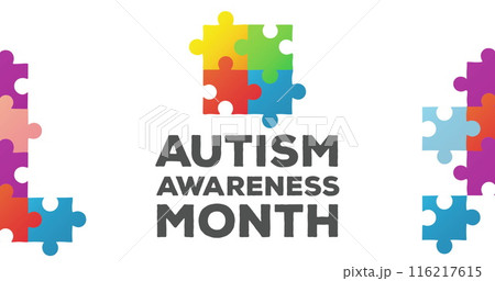 Image of Autism Awareness Month text and jigsaw puzzle forming a square against white background Image of Autism Awareness Month text and jigsaw puzzle forming a square against white background 116217615