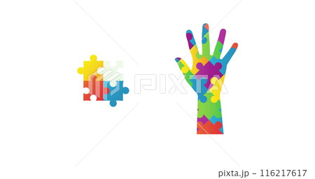 Image of Jigsaw puzzle forming a square and hand against white background Image of Jigsaw puzzle forming a square and hand against white background 116217617