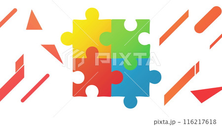 Image of Jigsaw puzzle forming a square and multiple orange shapes against white background 116217618