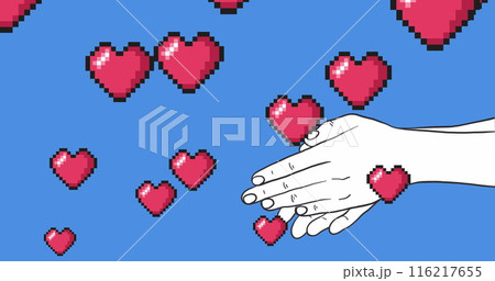 Image of hands rubbing together surrounded by pixelated red hearts on blue background 116217655