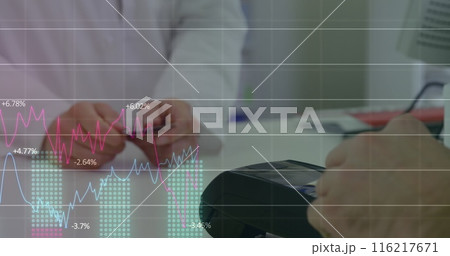 Image of financial data processing over person paying with credit card in pharmacy in the background 116217671