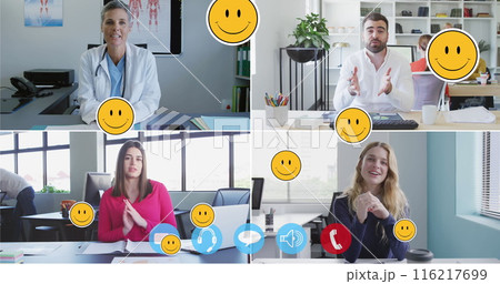 Image of social media emoji icons on laptop screen with people talking on video call 116217699