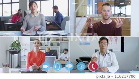 Image of digital interface on laptop screen with people talking on video call Image of digital interface on laptop screen with people talking on video call 116217700