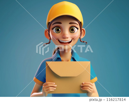Smiling delivery girl in uniform holding an envelope. Concept of courier service, postal delivery, and online shopping. Cartoon style. 116217814