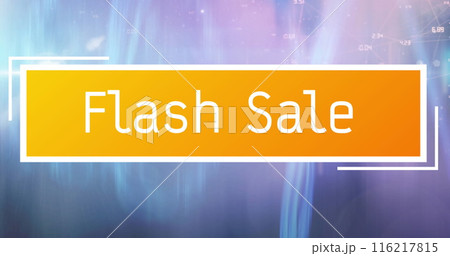 Image of flash sale text on orange banner over pink to blue background 116217815