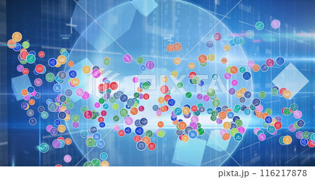 Image of network of multiple digital icons over light trails and spots of light 116217878