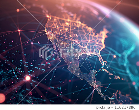 Aerial view of North America with digital connectivity network, showcasing glowing data connections and technology spread 116217896