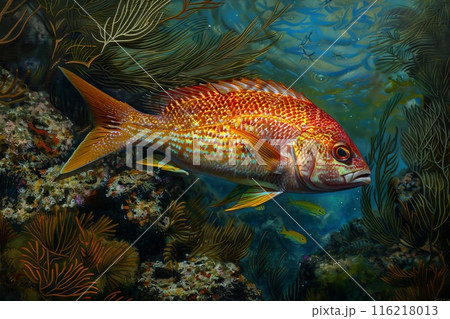Vibrant red and yellow fish swimming amidst lush underwater kelp 116218013
