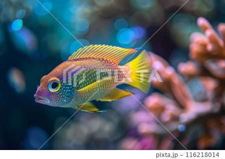 Colorful fish with blue and yellow stripes swimming in a coral reef 116218014