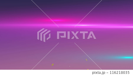 Image of confetti falling over glowing lights on purple background 116218035