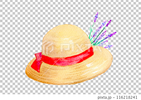 Straw hat and lavender flowers watercolor 116218241