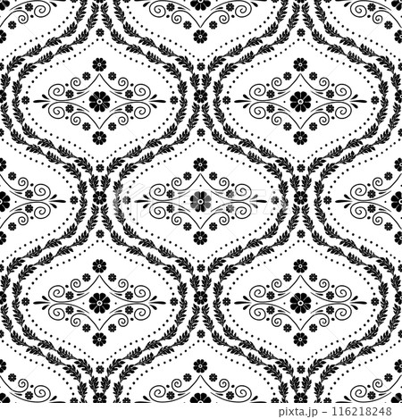 Seamless pattern with black floral ogee geometrical motifs on a white background 116218248