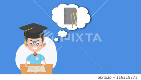Image of graduated boy icon with notebook on speech bubble against blue background 116218273