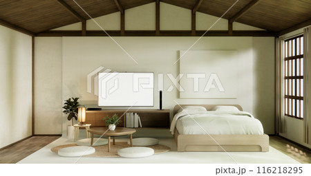 muji style empty room decorated with wooden bed, white wall and wooden wall. 3d rendering 116218295