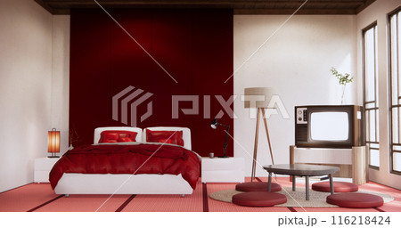 Viva magenta color bedroom japandi design on minimal muji room interior. 116218424