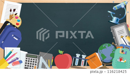 Image of school items icons over black background Image of school items icons over black background 116218425