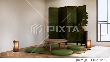 Modern with low table and pillow on minimal room japan style. Modern with low table and pillow on minimal room japan style. 116218435