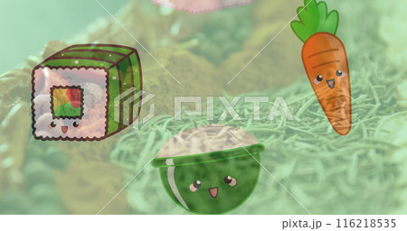 Image of illustration with vegetables and sushi over fresh food 116218535