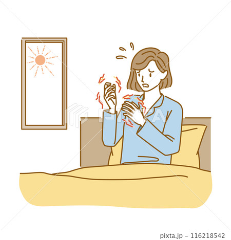 女性の更年期障害：朝起きると手や指がこわばって辛い女性 116218542