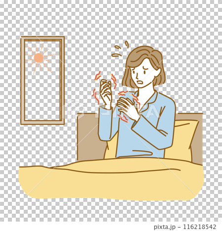女性の更年期障害：朝起きると手や指がこわばって辛い女性 116218542