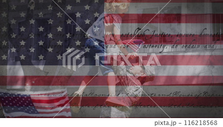 Image of flag of united states of america over male soldier with daughter 116218568