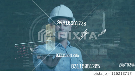 Image of numbers changing and data processing over male worker 116218717