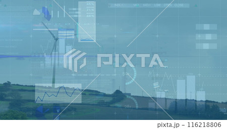 Image of statistics and data processing over wind turbines in countryside landscape Image of statistics and data processing over wind turbines in countryside landscape 116218806