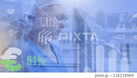 Image of media icons over caucasian female nurse using tablet 116218909