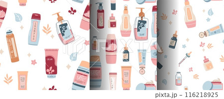 Seamless pattern with skin care products. Set of backgrounds with beauty products, creams, gels, etc. Skin and body care Seamless pattern with skin care products. Set of backgrounds with beauty products, creams, gels, etc. Skin and body care 116218925
