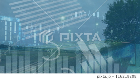 Image of graphs and financial data over timelapse with road traffic 116219209