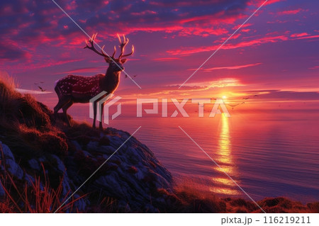Deer Silhouette Against Vibrant Coastal Sunset 116219211