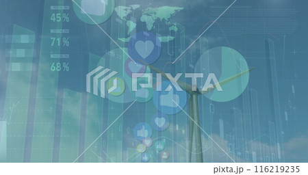 Image of graphs and financial data over wind turbine Image of graphs and financial data over wind turbine 116219235