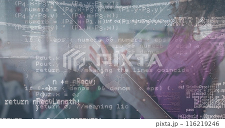 Image of data processing over diverse schoolchildren learning in classroom 116219246