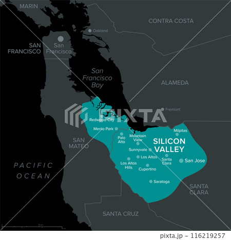 Silicon Valley, a region in Northern California, dark political map. Global center for high technology and innovation in the United States, located in the southern part of the San Francisco Bay Area. Silicon Valley, a region in Northern California, dark political map. Global center for high technology and innovation in the United States, located in the southern part of the San Francisco Bay Area. 116219257