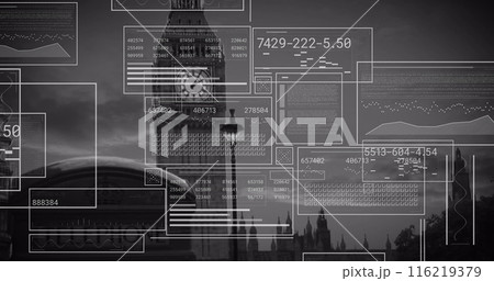 Image of interface with data processing against view of big ben tower 116219379
