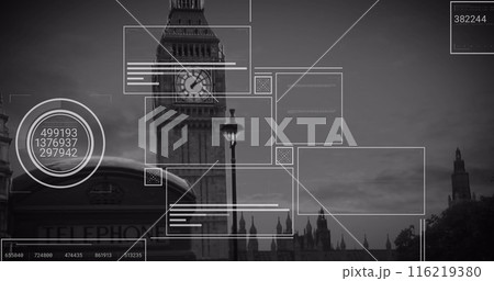 Image of interface with data processing against view of big ben tower Image of interface with data processing against view of big ben tower 116219380